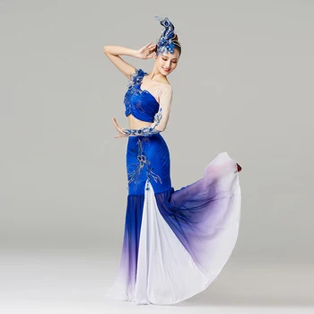 Mavi Güzel Seksi Dans Kostümleri Kadınlar İçin İnce Ulusal Azınlık Giyim Çin Kutlama Festivali Yeni yıl Dans Takım Elbise