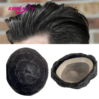 Erkek insan saçı peruk İnce Mono NPU Hint insan saçı Protezi 30mm Dalga Peruk Saç Sistemi Postiş Doğal Saç Çizgisi Gri