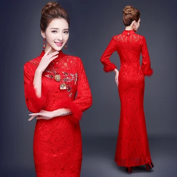 1 adet / grup kış brokar dantel düğün cheongsam elbise retro gelin evli cheongsam balık kuyruğu uzun bölüm elbise
