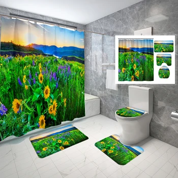 4 ADET sabah ışık duş perdesi setleri, güneş ışığı çiçekler banyo su geçirmez banyo perdesi, kaymaz banyo paspas tuvalet yatak örtüsü seti