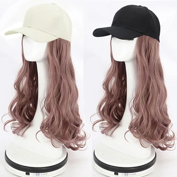 Uzun Dalgalı Sentetik beyzbol şapkası saç Peruk Sentetik Şapka Peruk Ayarlanabilir Kız İçin Doğal Siyah Kap saç ekleme