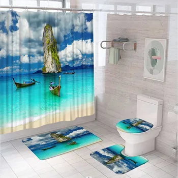 Tropikal Plaj Tekne Duş Perdesi Setleri Ada Sahne Mavi Okyanus Deniz Dalgaları Banyo Perdeleri Kaymaz Banyo Paspasları Halı Tuvalet Kapağı