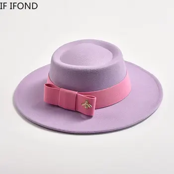 Fedora Şapka Kadınlar için Düz Üst İçbükey Tasarım Zarif Bayan Yay Keçe Caz Şapkalar Renkli Düğün Parti Yuvarlak Elbise Kapaklar