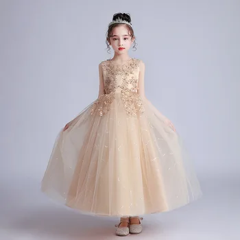 Uzun Çocuk düğün elbisesi Kabarık Örgü Prenses Elbise 6-12 Yaşındaki Çocuk Giyim Çiçek Kız Elbise Düğün çocuk topu elbisesi