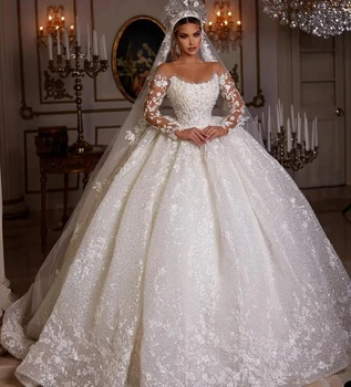 Prenses düğün elbisesi Illusion Nakış Payetli Aplikler gelinlikler Uzun Kollu See Through Vestido de novia Custom Made