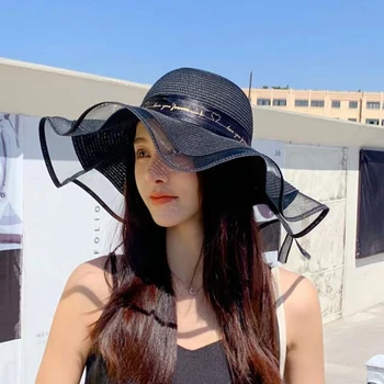 Kadın Moda Güneşlik Şapka Yaz Plaj Güneş geçirmez Büyük Ağız Kap Zarif Yay Hasır Şapka Seyahat Tatil Ayarlanabilir güneş şapkası