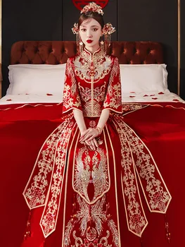 Zarif Yeni Çin Çift Vintage Mandarin Yaka Cheongsam Tost Giyim Kostüm Ejderha Phoenix Nakış düğün elbisesi