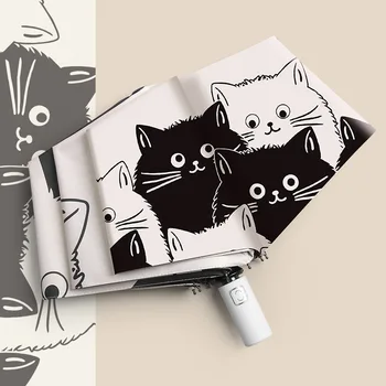 Kedi Şemsiye Yağmur Ve Güneş Çift Kullanımlı Şemsiye Taşınabilir Otomatik Katlanır Siyah Kaplama Anti UV çocuk şemsiyesi Kız Erkek