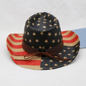 Goocheer erkek kovboy şapkası Vintage Geniş Ağız Yıldız ve Çizgili Vatansever Şapka Yaz Batı Şapka