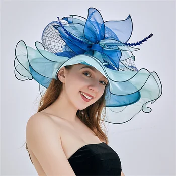 2023 Yaz Kilise şapkaları Kadınlar İçin Zarif Büyük Ağız Organze Fascinator Parti Düğün Fedora Büyük Çiçek Bayanlar güneş şapkası