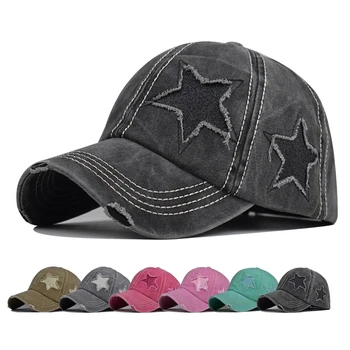 Sequins Pentagram beyzbol şapkası Unisex Saf Pamuk Yıkanmış Delik Şapka Trend At Kuyruğu Kap Açık Rahat Güneşlik Kemik Masculino