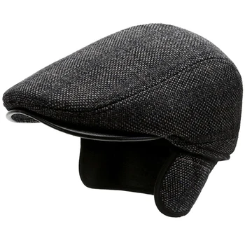 HT3742 Bere Kap Sonbahar Kış Şapka Bağbozumu Ekose Yün Bere Şapka Kulak Flaps ile Kalın Sıcak Ivy Newsboy Düz Kap Bereliler erkekler için