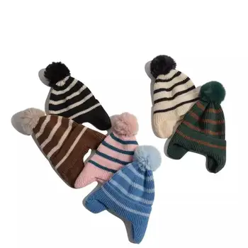 Bebek Şapka Kış Sonbahar Kore Çizgili Örme kulak koruyucu Sıcak Tutmak Bere Şapka Kız Erkek Ponpon Topu İle Çocuk Yeni