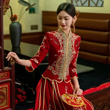 Gelin Kırmızı Kadife Nakış Cheongsam Çin Tarzı Sequins Boncuk Nakış düğün elbisesi Tost Elbisesi китачская одечда