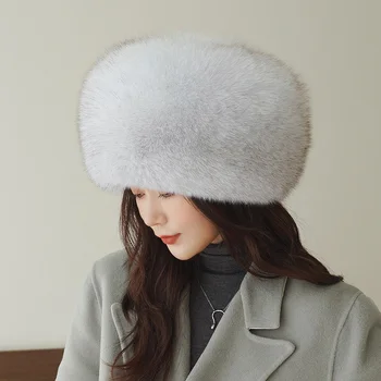 Moda Kış Kışa Dayanıklı Kürk Şapka Bayanlar Lüks Tilki Kürk kulak koruyucu Büyük Yuvarlak Şapka Açık Sıcak Peluş Moğol Şapka