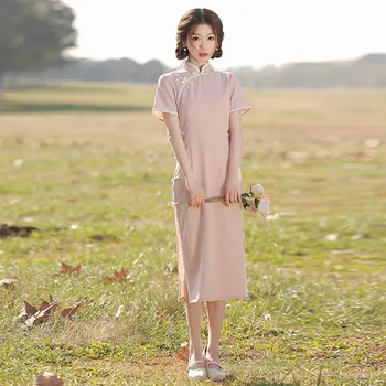 Vintage Pembe Cheongsam Vestidos Çin Tarzı Zarif Ince Qipao Uzun Bodycon Tatlı Yüksek Bölünmüş Rahat Elbise