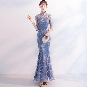 Mandarin Yaka Kadın Gri Mermaid Elbise Ince Zarif Cheongsam Vintage Düğme Zarif Prenses Elbiseler Modern Qipao