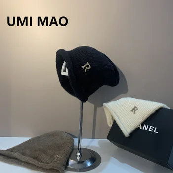 UMİ MAO Kore Moda Kıvrılmış R Mektup Kazık Şapka Sonbahar Kış Yumuşak Mumsu Rahat Örme Yaş Azaltma Baotou Şapka Y2K