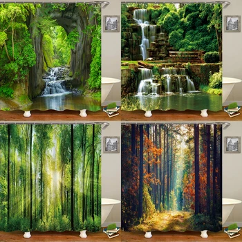 Modern 3D Baskı Orman Duş Perdesi Yeşil Bitki Ağacı Manzara banyo perdesi İçin Kanca İle Banyo su geçirmez manzara