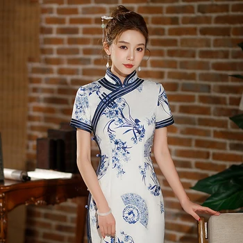 Yourqıpao 2023 Yaz Moda Uzun Beyaz Cheongsam Mizaç Baskılı Qipao Çin Geleneksel Tarzı Gece Elbisesi Kadınlar için
