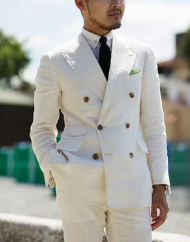 2 Parça Beyaz Kruvaze Katı 2 Parça Slim Fit Erkek Takım Elbise Çentik Yaka Bir Düğme Smokin Ceket pantolon seti (Blazer + Pantolon)