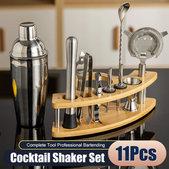 11 Adet Kokteyl Shaker Seti Paslanmaz Çelik Barmen Seti içecek mikseri Seti 750ml Boston Shaker Jigger Skimmer Kaşık Ahşap Standı