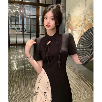 Yeni Çin Tarzı Yüksek Dereceli Düzensiz Kaligrafi Yarım Vücut Elbise Moda Qipao İki Parçalı Set Etek kadın Yaz Hanfu Takım Elbise
