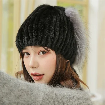 Sonbahar Ve Kış Zarif Kürk Hasır Şapka Kore kadın Kıdemli Vizon Kürk Hasır Şapka Tilki Kürk Dekorasyon Lüks Kürk Hasır Şapka
