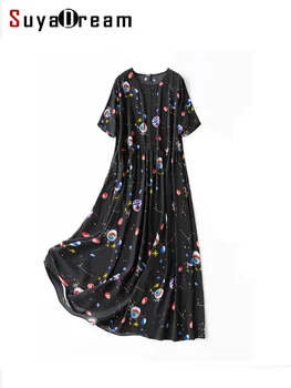 SuyaDream Kadınlar Siyah Maxi Elbiseler 100 % İpek Krep O Boyun A-Line Baskılı uzun elbise 2023 İlkbahar Yaz Tatil Giysileri
