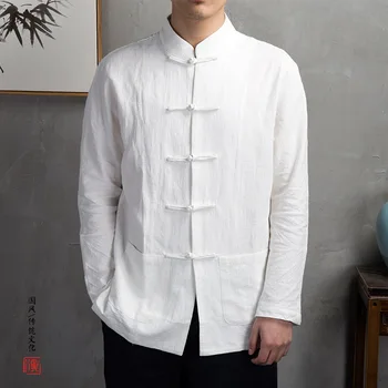 Erkekler Geleneksel Çin Tang Takım Elbise Üstleri Giyim Kimono Ceket Keten Hanfu Üst Uzun Kollu Kung Fu Gömlek Hırka Ceket