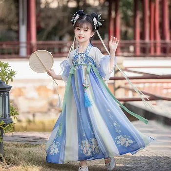 Kız Mavi Nakış Hanfu Elbise Çocuk Çin Tarzı Tang Fotoğraf Cosplay Geleneksel Kızlar Peri Kostüm Kıyafet