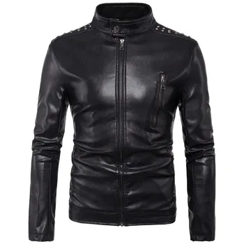 Yeni Marka deri ceketler Erkekler Perçin Dekorasyon Yakışıklı Motosiklet deri ceketler Moda Fermuarlar Deri Ceket Erkek 5XL