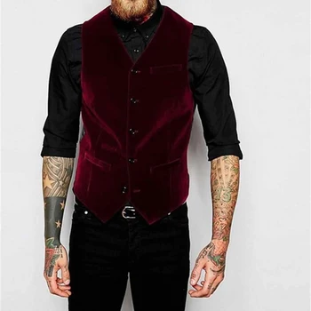 Bordo Kadife Yelek Erkekler için Takım Elbise V Yaka Tek Göğüslü Tek Parça Rahat Erkek Yelek Yeni Moda Ceket