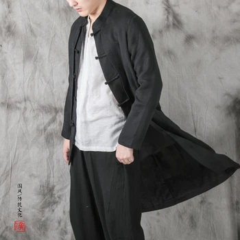 Moda Tasarım Düz Renk Rüzgarlık Çin Pamuk Keten Retro Klasik Uzun Ceket Rahat erkek Ceket Hırka Üst