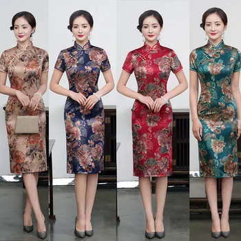 Yaz Kısa Kollu Diz Boyu Cheongsam Oryantal Elbise Çin Kadın Mandarin Yaka Sıcak Damgalama Baskı Saten Qipao