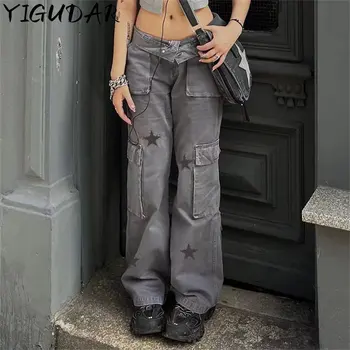 Y2k kadın Düz Kot Pantolon Vintage Büyük Cepler Yıldız Baskı uzun Pantolon Kargo Pantolon Kadın Vintage Hotgirl Grunge Giysi