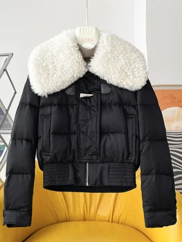 Sıcak Satış Kısa şişme ceket kadınlar Kış Kore Küçük Kuzu Kürk Yaka Beyaz Ördek Aşağı Sıcak İnek Korna Düğmesi Kalın Ceket