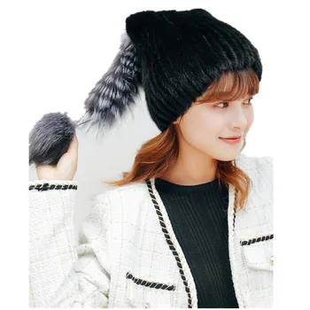 Yeni Kadın Hakiki Vizon Kürk Şapka Kış Sıcak Örme Kabarık bere Bonnets Moda Kadın için