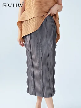 GVUW Eklenmiş Fırfır Pilili Elbise Kadınlar İçin 2023 Yaz Yeni Düz Renk Elastik Bel Bölünmüş Wrap Kalça Kadın Kat Giysi 17G3042