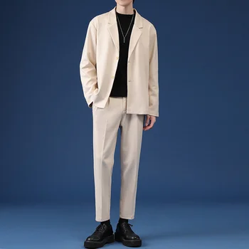 Son pantolon ceket Tasarımları Erkek Takım Elbise Pantolon İle Bahar Sonbahar Moda Slim Fit Yün Tüvit Küçük Takım Elbise Rahat Çok Yönlü Takım Elbise Ceket