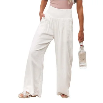 İlkbahar Yaz Kadınlar için 2023 Yeni Kadın Pantolon Ofis Bayan Pamuk Keten Cepler Katı Gevşek Rahat Beyaz Geniş Bacak Uzun Pantolon