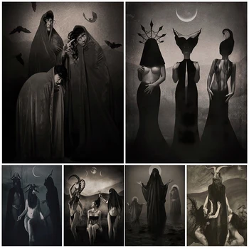 Üç Cadı Kim Ibadet Şeytan Vintage duvar sanatı tuval yağlıboya Gizemli Pagan Büyücülük Ibadet Poster Baskı Dekor