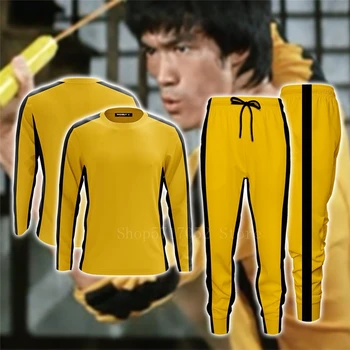 Bruce Lee Klasik Sarı Kung Fu Üniformaları Adam Çin Cosplay Kostüm Oyunu Ölüm Eşofman Jeet Kune Do Eğitim T-shirt