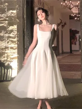 Yaz Yeni Kadın Fransız Zarif Ruffles Akşam Parti Beyaz Elbiseler Kare Boyun Prenses Doğum Günü Midi Vestidos dans kostümü