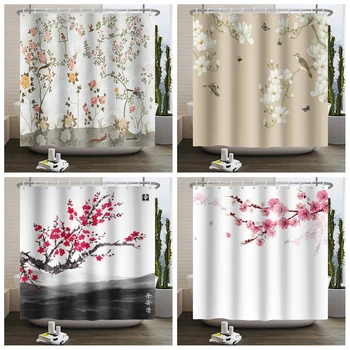 Çin Tarzı Mürekkep Boyama Çiçek ve Kuşlar Ağaç Desen Duş Perdeleri 3D Baskı banyo perdesi Banyo Dekor 12 Kanca İle