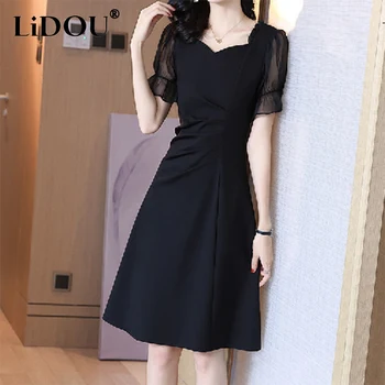 Hepburn tarzı retro siyah elbise kadın kare yaka bel büzgü midi a-line elbiseler ofis zarif entelektüel vestido 2022