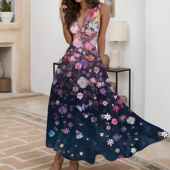 Yaz Çiçek Baskılı Balo Mizaç uzun elbise Zarif Rahat V Boyun Kolsuz Yüksek Bel Elbise İnce Dökümlü Elbise 2023