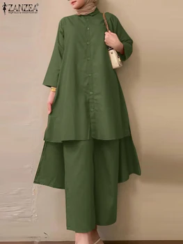 ZANZEA Moda Müslüman Setleri 2 adet Uzun Kollu Bluz Geniş Bacak Pantolon Kadın Rahat Gevşek Takım Elbise Zarif Kıyafetler Kentsel Eşofman