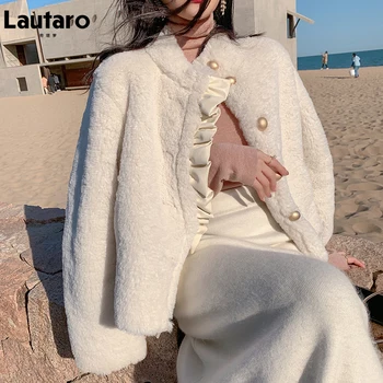 Lautaro Kış Beyaz Kısa Sıcak Yumuşak Kabarık Taklit Kürk Ceket Kadınlar Uzun Kollu Fırfır Kore Moda Sevimli Tatlı Kawaii Giysileri