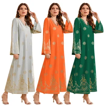 Fas Jalabiya Bayram Müslüman Kadınlar Baskı Maxi Elbise Dubai Abaya Türkiye Kaftan İslam Giyim Arapça Elbise Parti Kıyafeti Djellaba